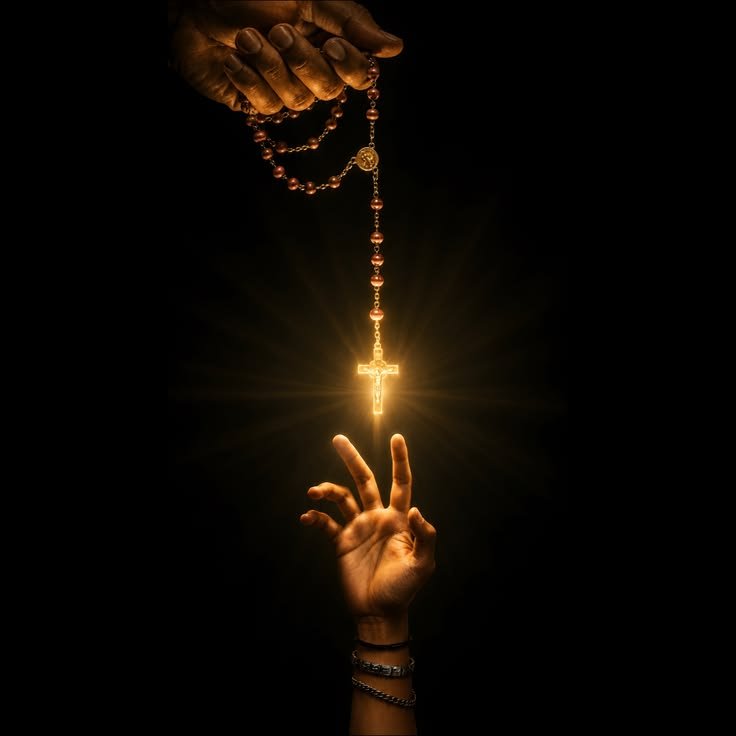 Hands holding a glowing rosary crucifix